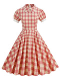 Peter Pan Collar Puff Sleeve Plaid Rockabilly Pockets Swing Dress Vintage Robe Women 1950s Elegant Midi Dresses