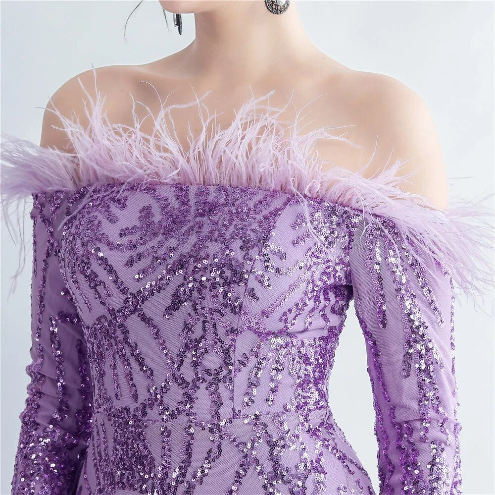 Off Shoulder Feather Sequin Dress Full Sleeve Evening Night Long Party Maxi Dress