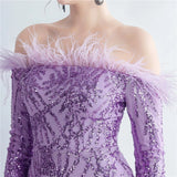 Off Shoulder Feather Sequin Dress Full Sleeve Evening Night Long Party Maxi Dress