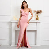 Women One Shoulder Simple Pleat Evening Dress Pink Celebrity Party Maxi Sexy Slash Neck Long Dress
