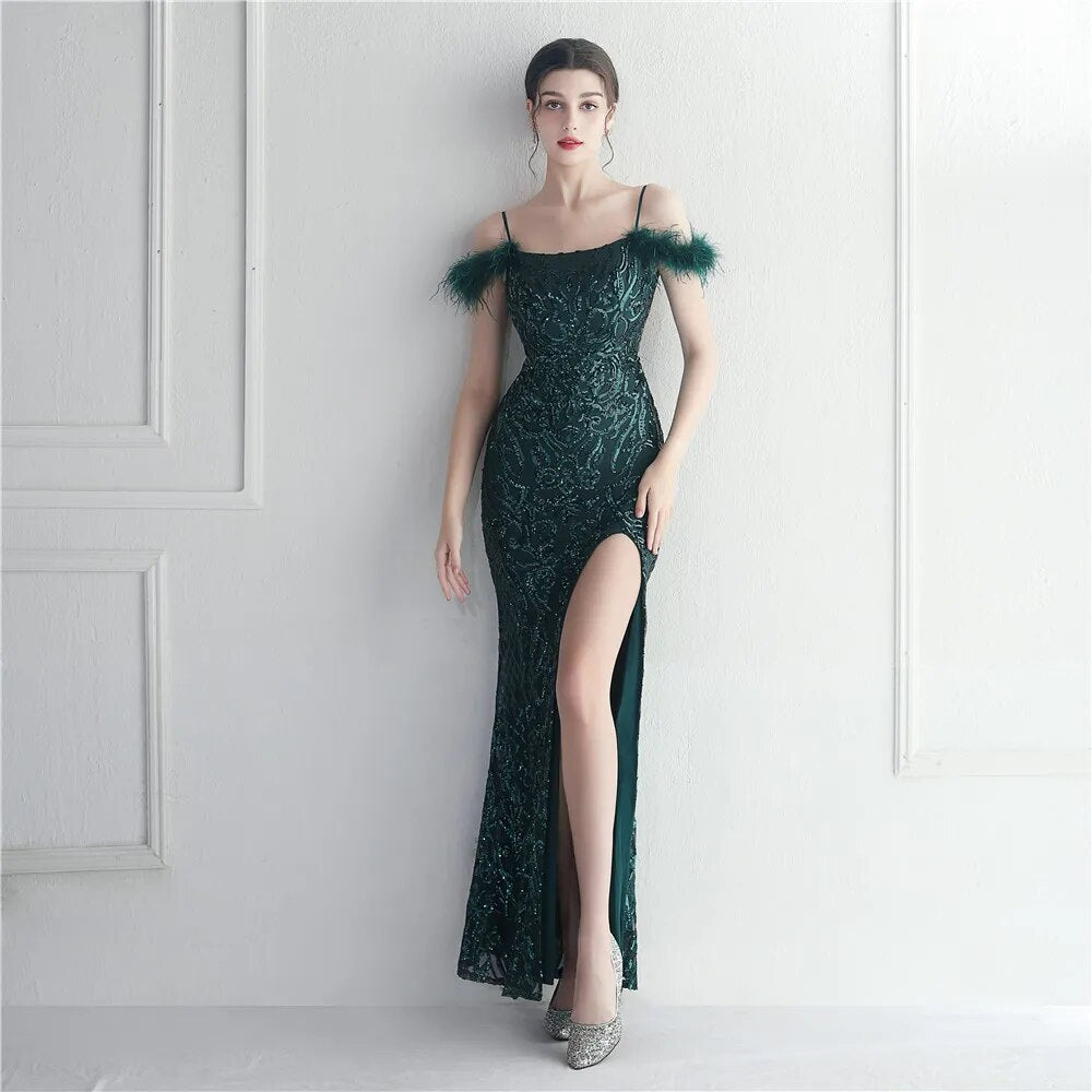 Sexy Slit Long Sequin Evening Dresses Luxury Feather Stretch Sleeveless Cocktail Party Prom Dress