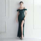 Sexy Slit Long Sequin Evening Dresses Luxury Feather Stretch Sleeveless Cocktail Party Prom Dress