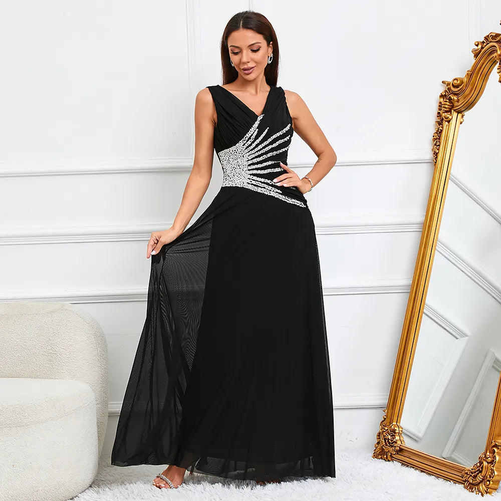 Women Tulle Sleeveless V Neck Beading Evening Elegant Party Maxi Dress
