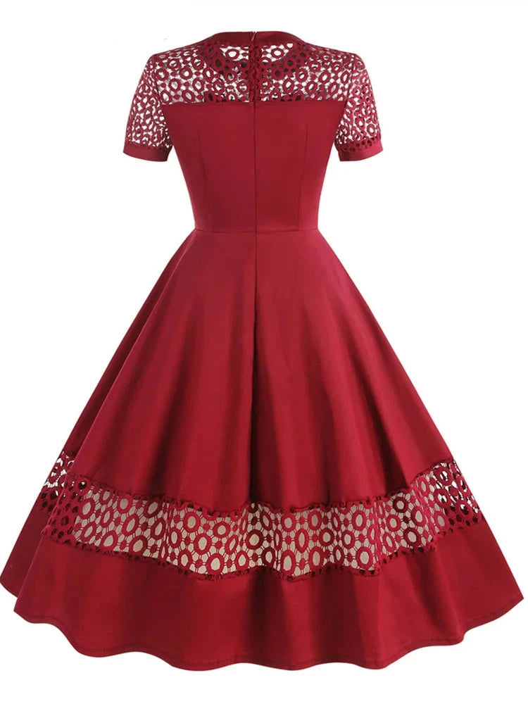 2024 Retro Vintage 50s Short Cocktail Dress Patchwork Lace Hollowed Out Elegant Office Pinup Robe Ladies Rockabilly Long Dresses