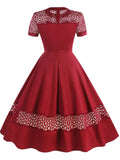 2024 Retro Vintage 50s Short Cocktail Dress Patchwork Lace Hollowed Out Elegant Office Pinup Robe Ladies Rockabilly Long Dresses
