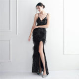 Women Sexy Slit Party Maxi Dress Strap V Neck Feather Evening Black Sequin Long Prom Dress