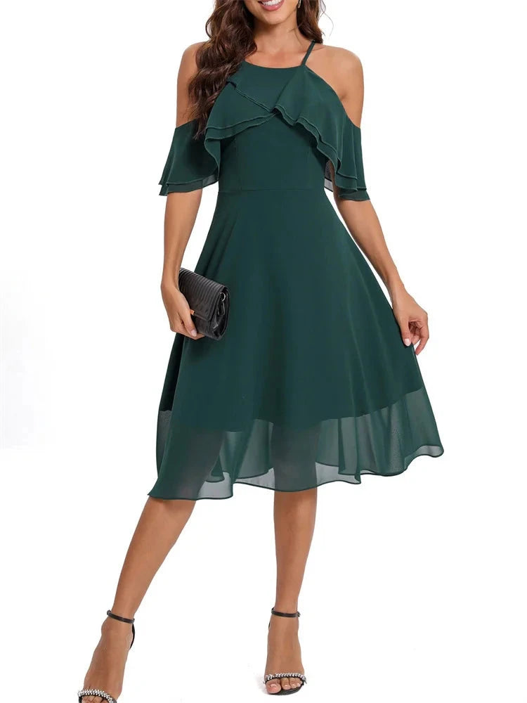 2024 Solid Ruffle Chiffon Midi Short Bridesmaid Dress Green Hollowed Out Short Sleeve Elegant Office Casual Runway Summer Dress