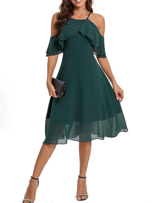 2024 Solid Ruffle Chiffon Midi Short Bridesmaid Dress Green Hollowed Out Short Sleeve Elegant Office Casual Runway Summer Dress