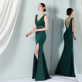 Green Backless Beading Evening Dress Women Sexy Slit V Neck Party Maxi Dress Long Prom Dress