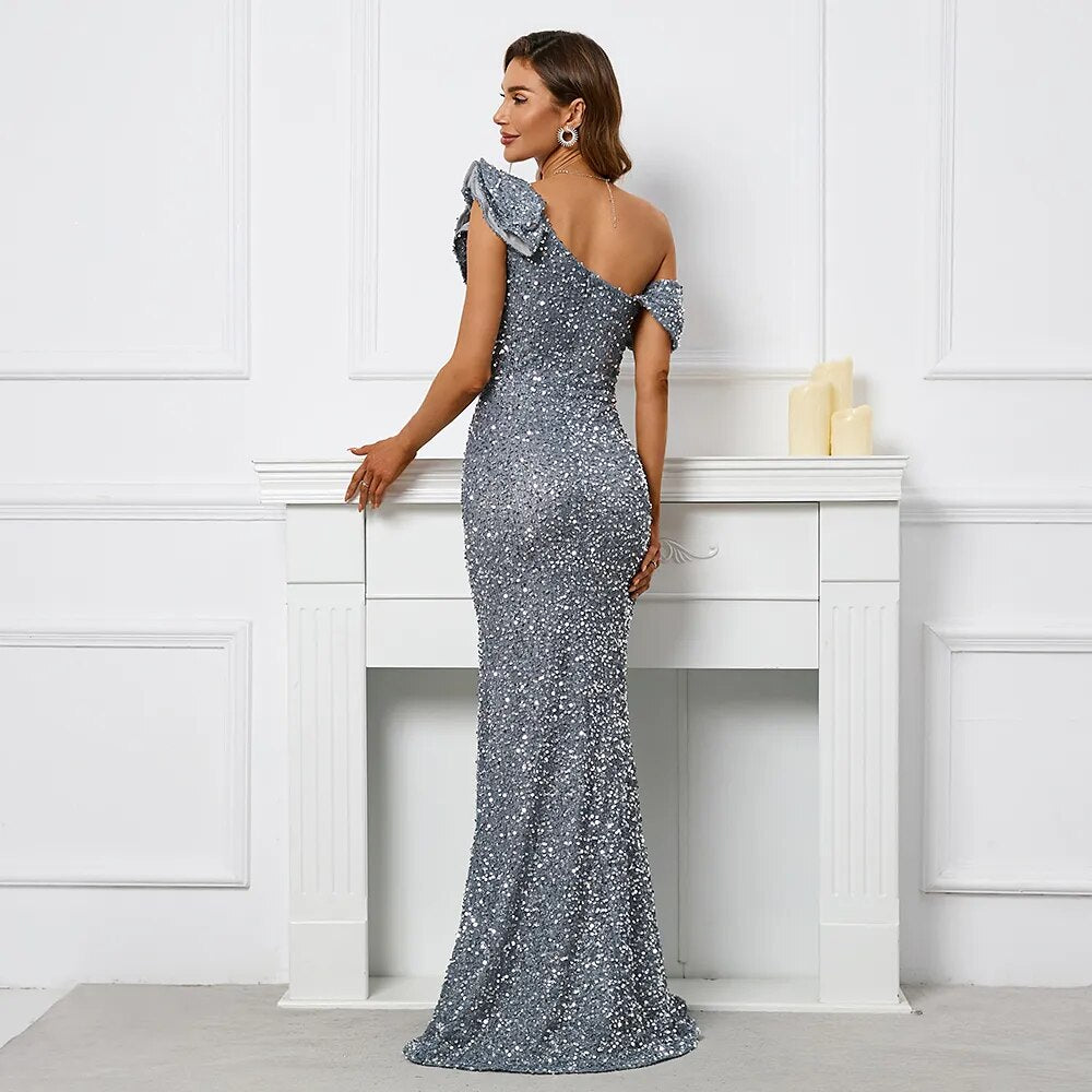 Women Slash Neck Sequin Evening Dress Gray Ruffles Celebrity Maxi Dress Sexy Slit Long Party Dress