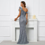 Women Slash Neck Sequin Evening Dress Gray Ruffles Celebrity Maxi Dress Sexy Slit Long Party Dress