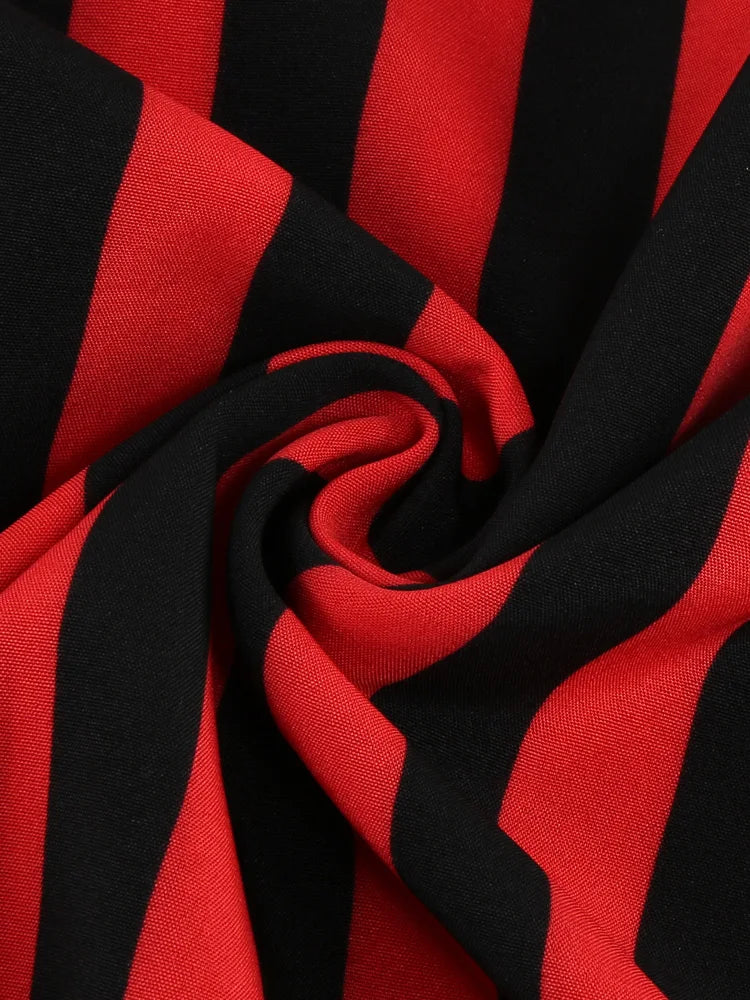 Red and Black Stripes Elastic Waist Gothic Club Clothes Halloween Women Raw Hem Vintage Style A-Line Midi Skirt