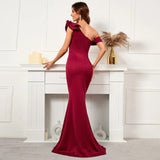 Women Burgundy Evening Slash Neck Ruffles Celebrity Party Maxi Dress Sexy Long Dress