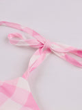 Knot Strap Pink and White Plaid Women Dress Summer Elegant Evening Pinup Vintage Party Pleated Dresses
