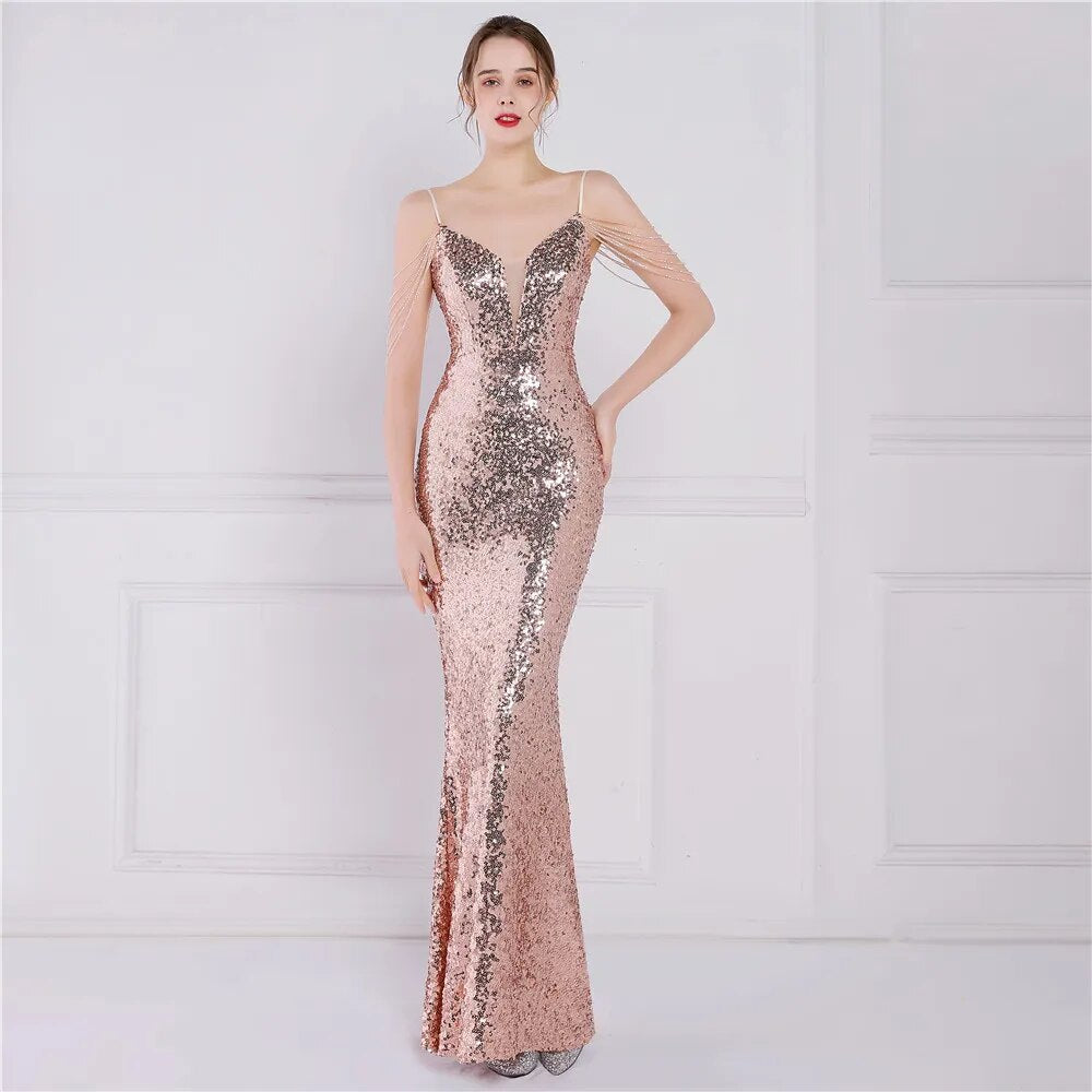 Women Strap Party Maxi Dress Sexy V Neck Beading Evening Dress Celebrity Green Sequin Long Prom Dress