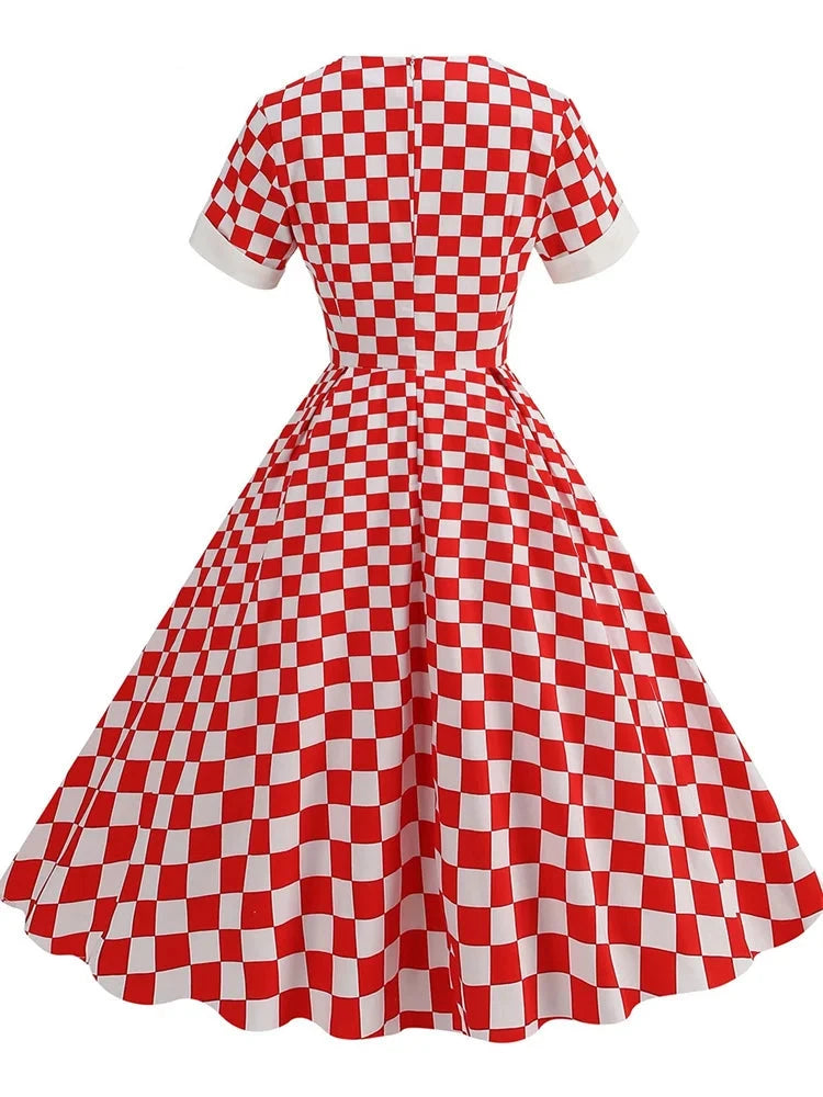 2024 Vintage Plaid Print Vintage Short Summer Casual Dress for Women Elegant V Neck A Line Swing Rockabilly Cocktail Party Dress