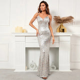 Women Strap Party Maxi Dress Sexy V Neck Beading Evening Dress Celebrity Silver Sequin Long Prom Dress