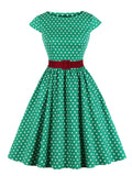 Green Retro Polka Dot 1950s Rockabilly Pleated Belted Dress Cap Sleeve Summer Women High Waist Vintage Dresses
