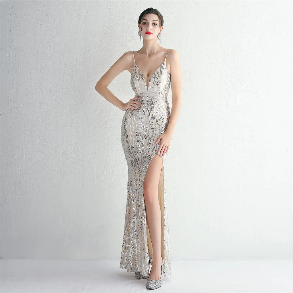 Women Sexy Slit Party Maxi Dress Strap V Neck Evening Dress Pink Sequin Dress Long Prom Dress