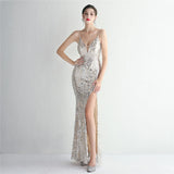 Women Sexy Slit Party Maxi Dress Strap V Neck Evening Dress Pink Sequin Dress Long Prom Dress