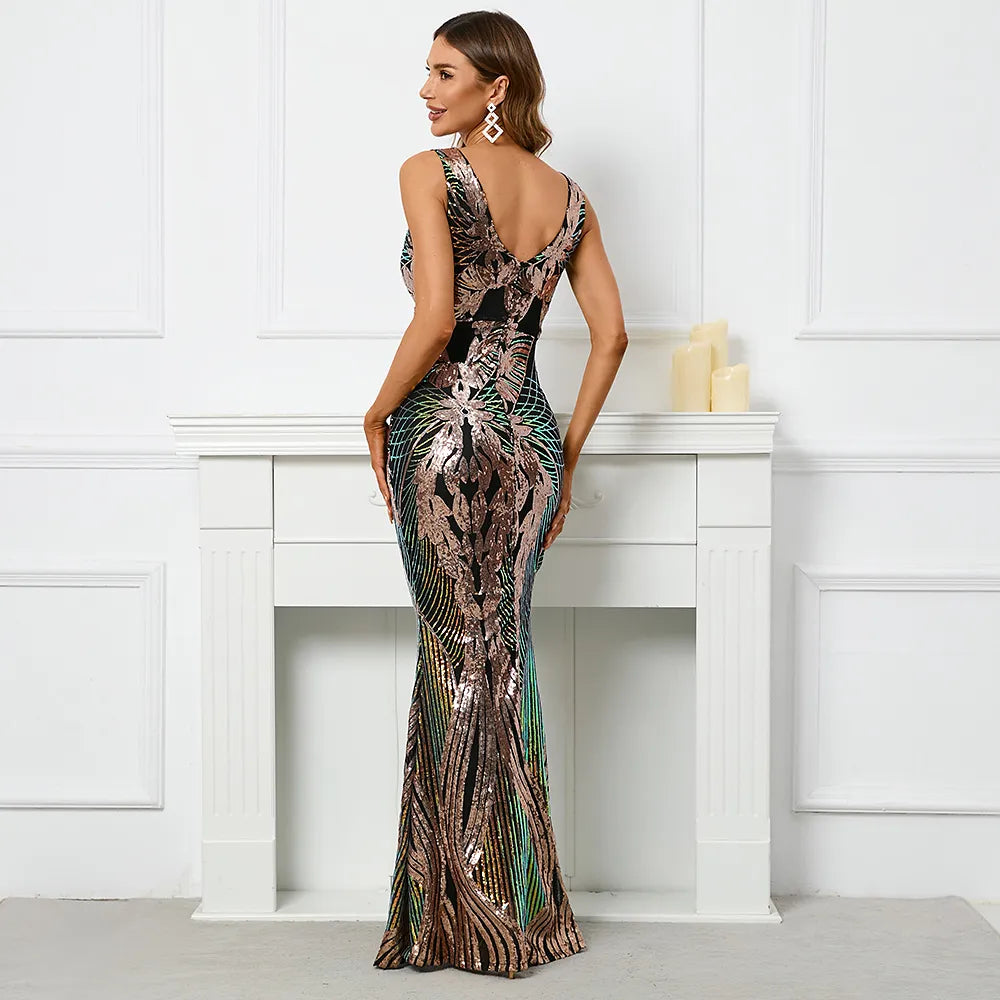 Sexy V Neck Stretch Sequin Evening Dress Elegant Sleeveless Party Maxi Dress Long Prom Dress