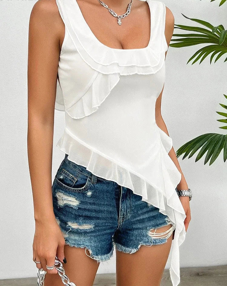 2024 Pink White Mini Cute Camisole Vest Ruffled Edge Backless Short Top U-Neck Irregular Solid Flower Ribbon Sexy Mesh T-Shirt