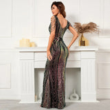 Women Deep V Neck Black Sequin Beading Evening Dress Sexy Party Maxi Dress Long Prom Dress