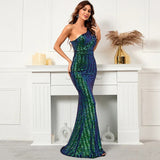 Women Sexy Slash Neck Party Maxi Dress One Shoulder Green Sequin Evening Dress Long Prom Dress