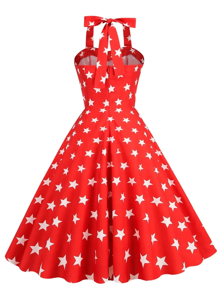 Halter Neck Star Print 50s Robe Summer Fit and Flare Swing Dress Women Evening Party Sexy Backless Vintage Clothes