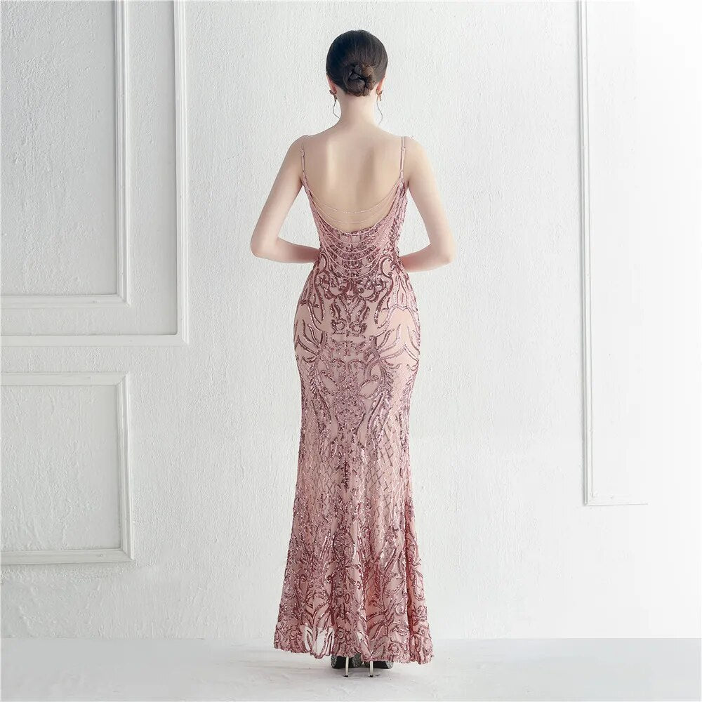 Backless Sexy Slit Long Sequin Evening Luxury Beading Stretch Sleeveless Cocktail Party Prom Dress