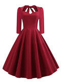 Sweetheart Neck Burgundy Solid A-Line Vintage Party Dresses Women Evening Elegant Autumn 3/4 Length Sleeve Midi Dress
