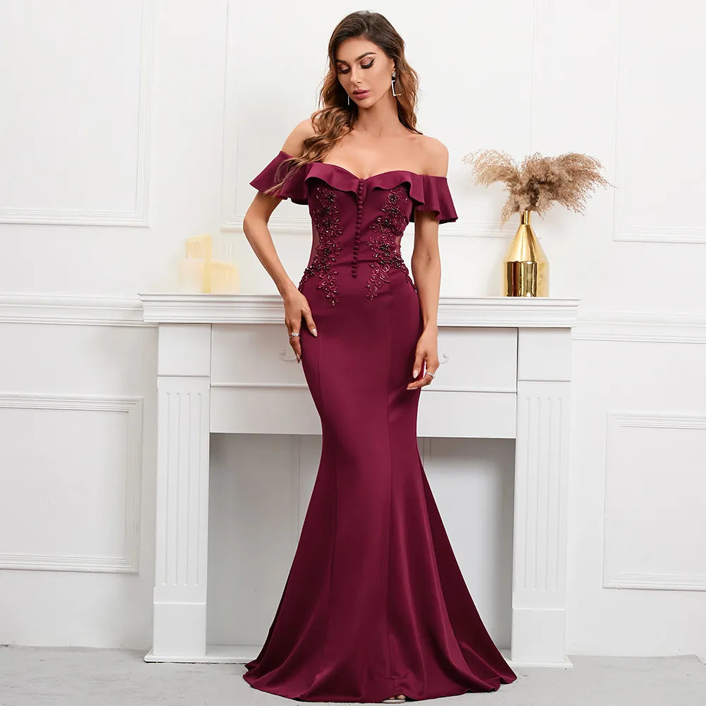 Soft Satin See Through Appliques Beading Long Evening Dress Elegant Off Shoulder Party Maxi Long Prom Dress