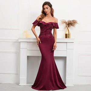 Soft Satin See Through Appliques Beading Long Evening Elegant Off Shoulder Party Maxi Prom Dress