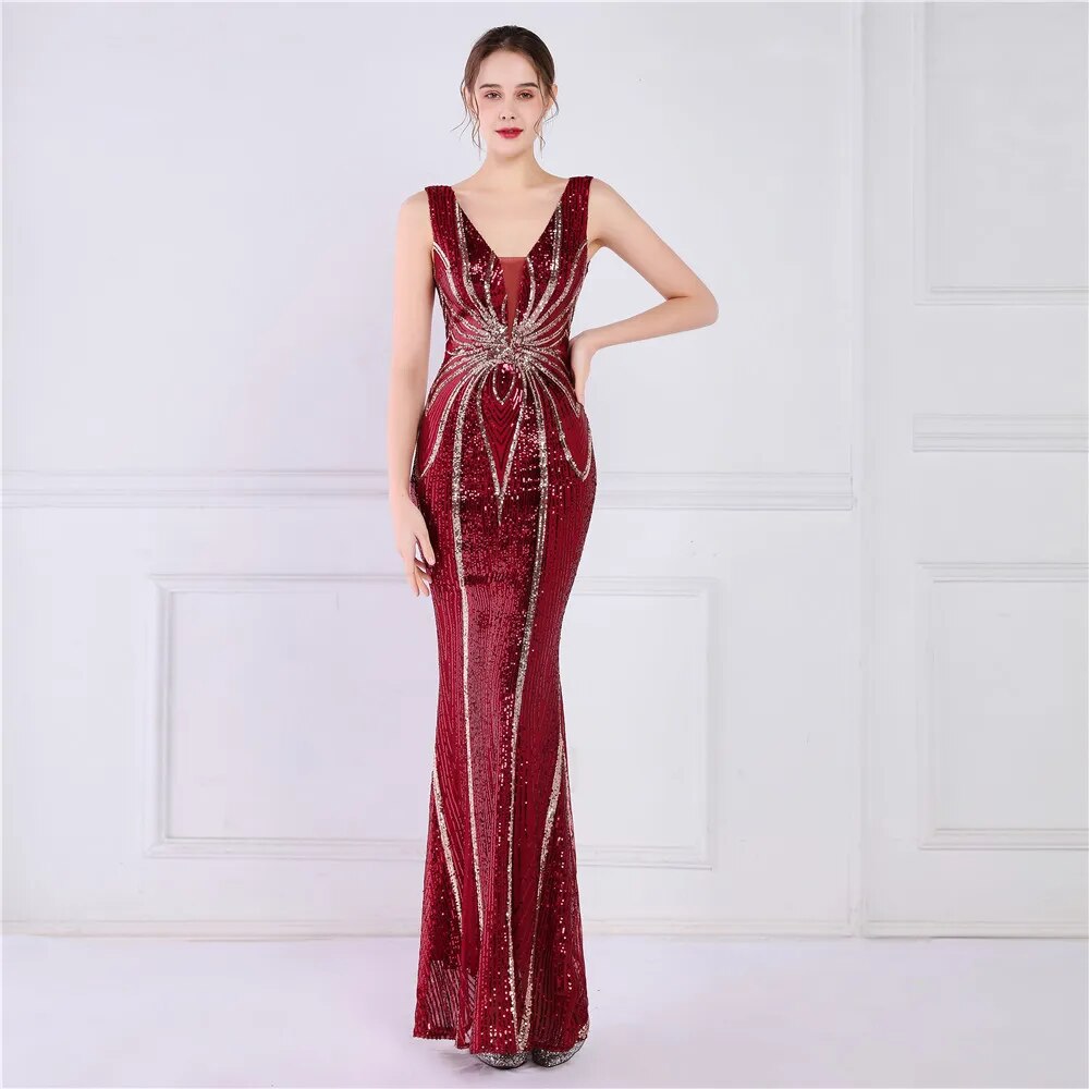 Women Deep V Neck Gold Sequin Dress Long Prom Evening Dress Sexy Party Maxi Dress