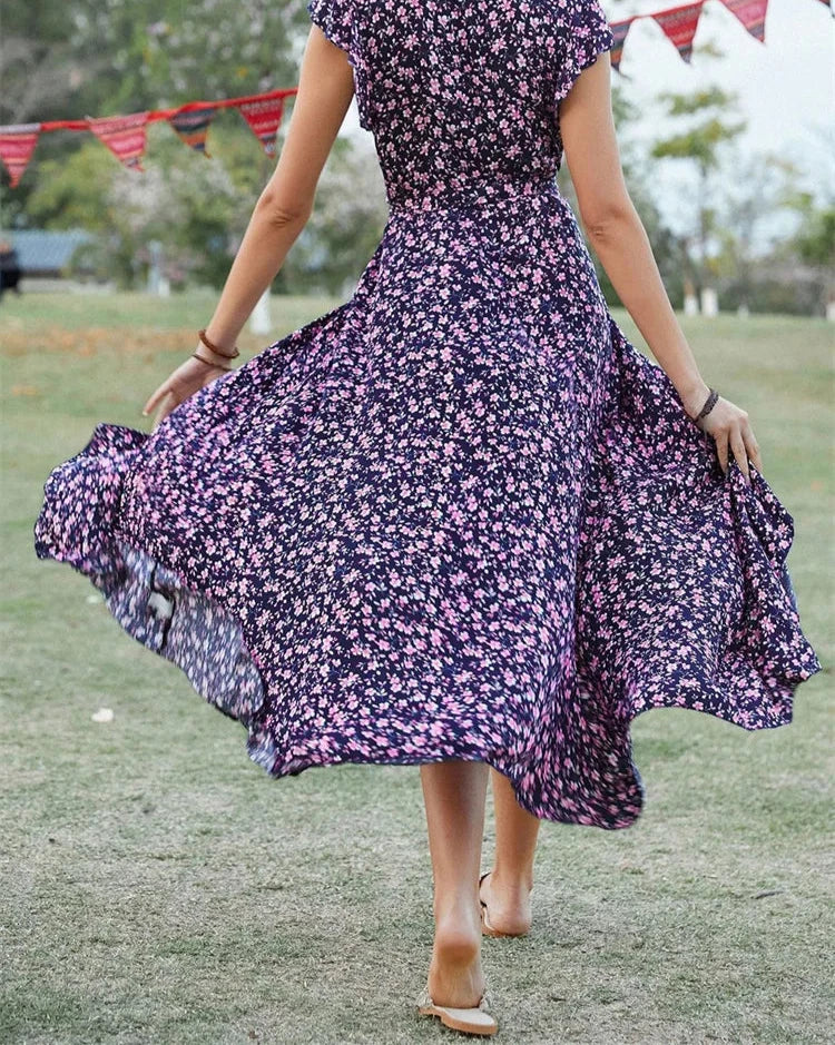2024 Short Sleeve Summer Bohemian Swing Holiday Women's Dress High Split High Low Elegant Bandage Office Midi Long Party Dresses