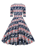 Deer and Tree Print Christmas Party Evening Winter Dress Women V-Neck High Waist 50s Vintage Swing Dresses