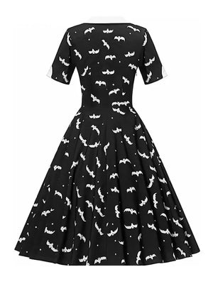 3XL 4XL Halloween Dresses Women Contrast Collar Button Front Bat Print Ladies Party Vintage Black Midi Dresses
