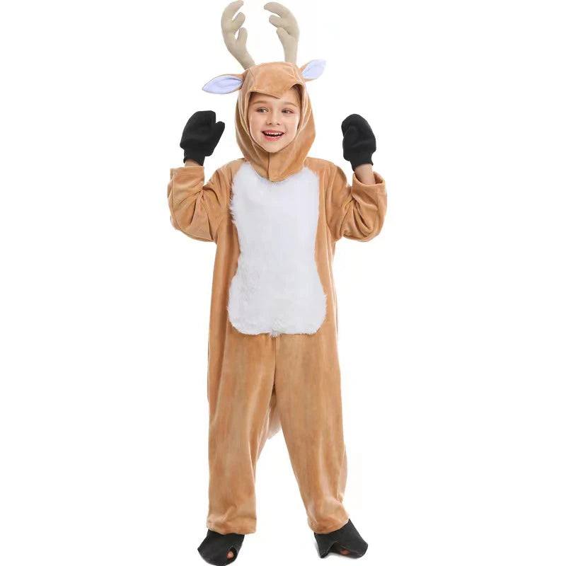 Children's Reindeer Cosplay Costume, One-piece Suit with Hat, Suitable for Halloween and Christmas Stage Performances