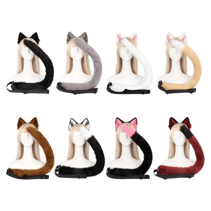 Fox Cat Ears Headband and Faux Fur Tail for Halloween Cosplay Party Costume Accessories Cat Ears Tail Set for Adults