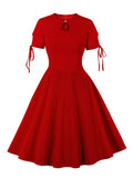 Red Elegant Solid High Waist Women Summer Dresses Keyhole Front Knot Cuff Vintage Swing Dress Party Evening