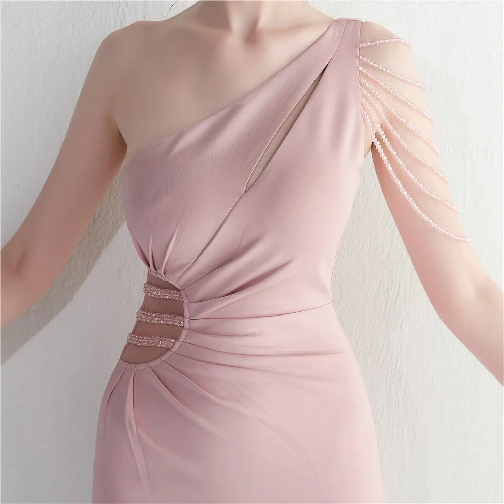 Sexy Slit Women One Shoulder Soft Satin Pleat Beading Long Evening Party Maxi Dress