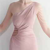 Sexy Slit Women One Shoulder Soft Satin Pleat Beading Long Evening Party Maxi Dress