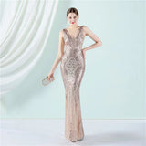 Women Deep V Neck White Sequin Dress Long Prom Evening Dress Sexy Party Maxi Dress