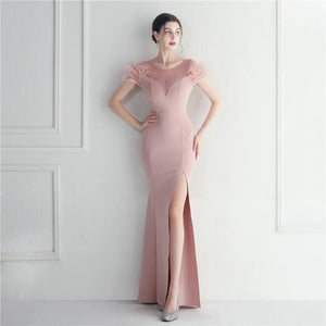 Elegant Feather Long Party Sexy Slit Crystal Dress Floor Length Evening Party Maxi Celebrity Dress