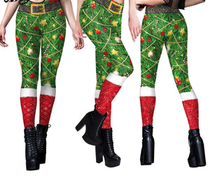 Women Christmas Belt Leggings Autumn Winter Festival Santa Claus Print Skinny Pants High Waist Trousers