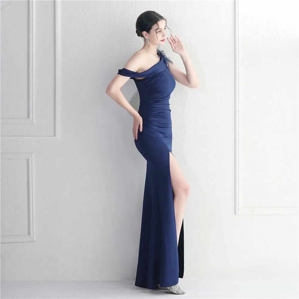 Slash Nech Feather Party Maxi Dress Women Sexy Slit Long Prom Dress Evening Dress