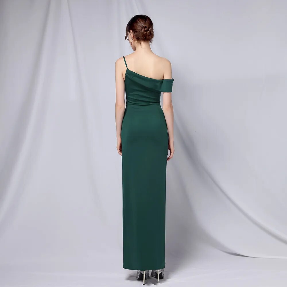 Women Soft Satin Slash Neck Evening Dress Sexy Green Slit Party Maxi Dress Prom Dress