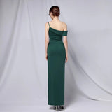 Women Soft Satin Slash Neck Evening Dress Sexy Green Slit Party Maxi Dress Prom Dress
