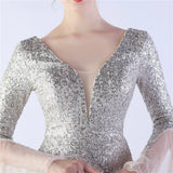 Elegant Long Sleeve Sequin Evening Dress Silver Mesh Party Maxi Dress