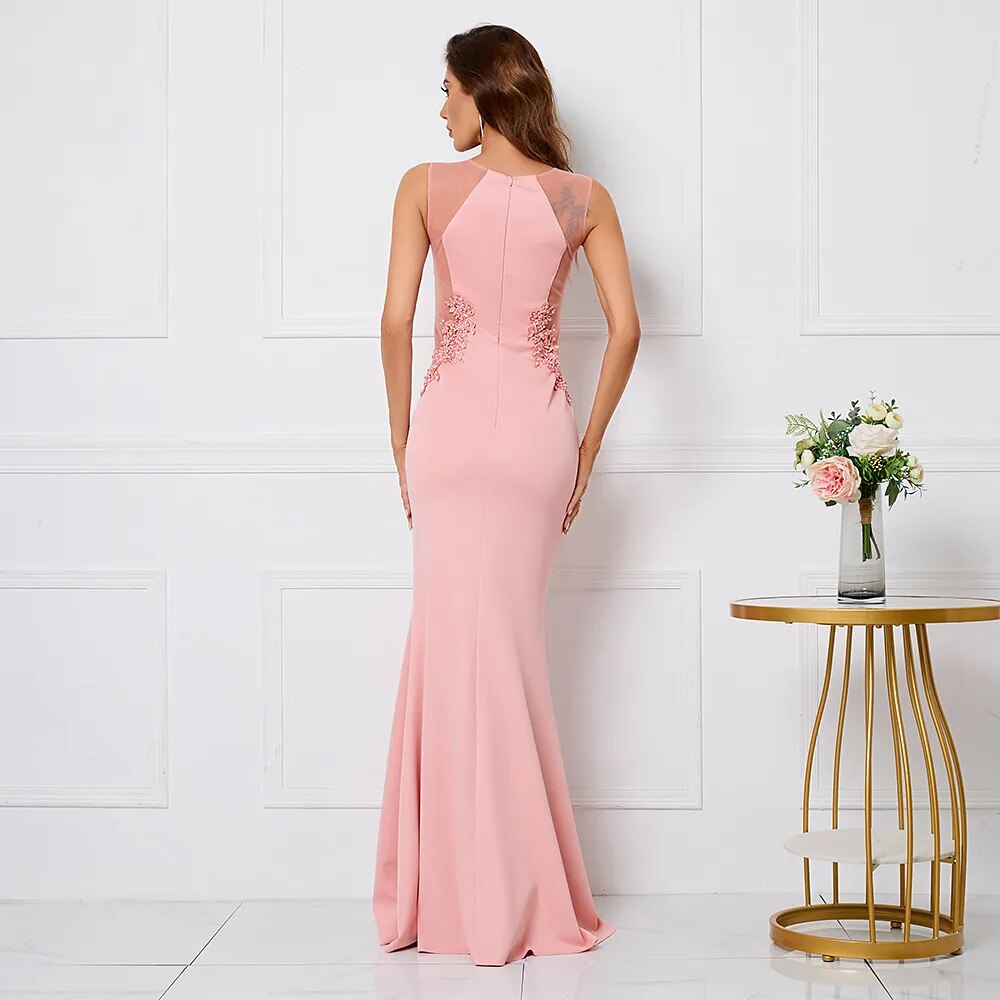 Pink Soft Satin See Through Appliques Beading Long Evening Elegant Party Maxi Dress Long Bridesmaid Dress